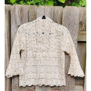 Women See Thru Lace Pullover Ladies Summer Blouse Shirt Ivory S-M Boudoir